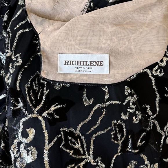 Vintage RICHILENE Lurex Velour Floral Dress Size XS Black & Gold Cocktail Party - Picture 5 of 5